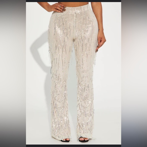 NWT Fashion Nova Out All Night Sequin Pant in Color Cream Size Small NEW BRIDAL - Picture 2 of 6